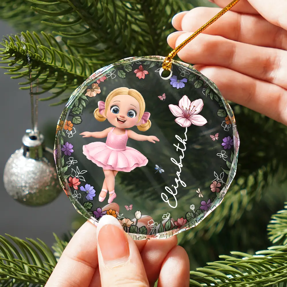 Ballet Kid Girl Birth Month Flower - Personalized Circle Glass Ornament - Image 2