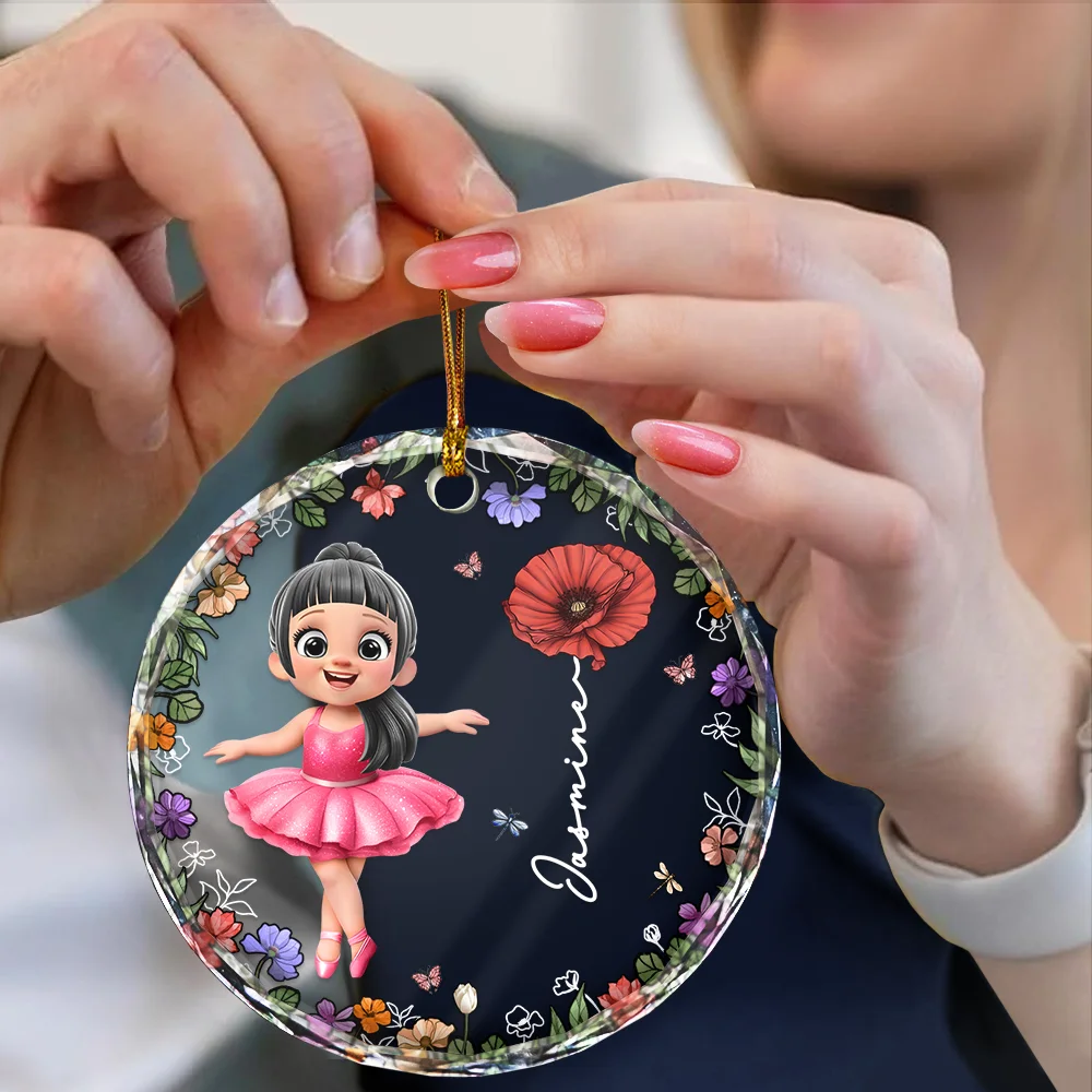 Ballet Kid Girl Birth Month Flower - Personalized Circle Glass Ornament - Image 4