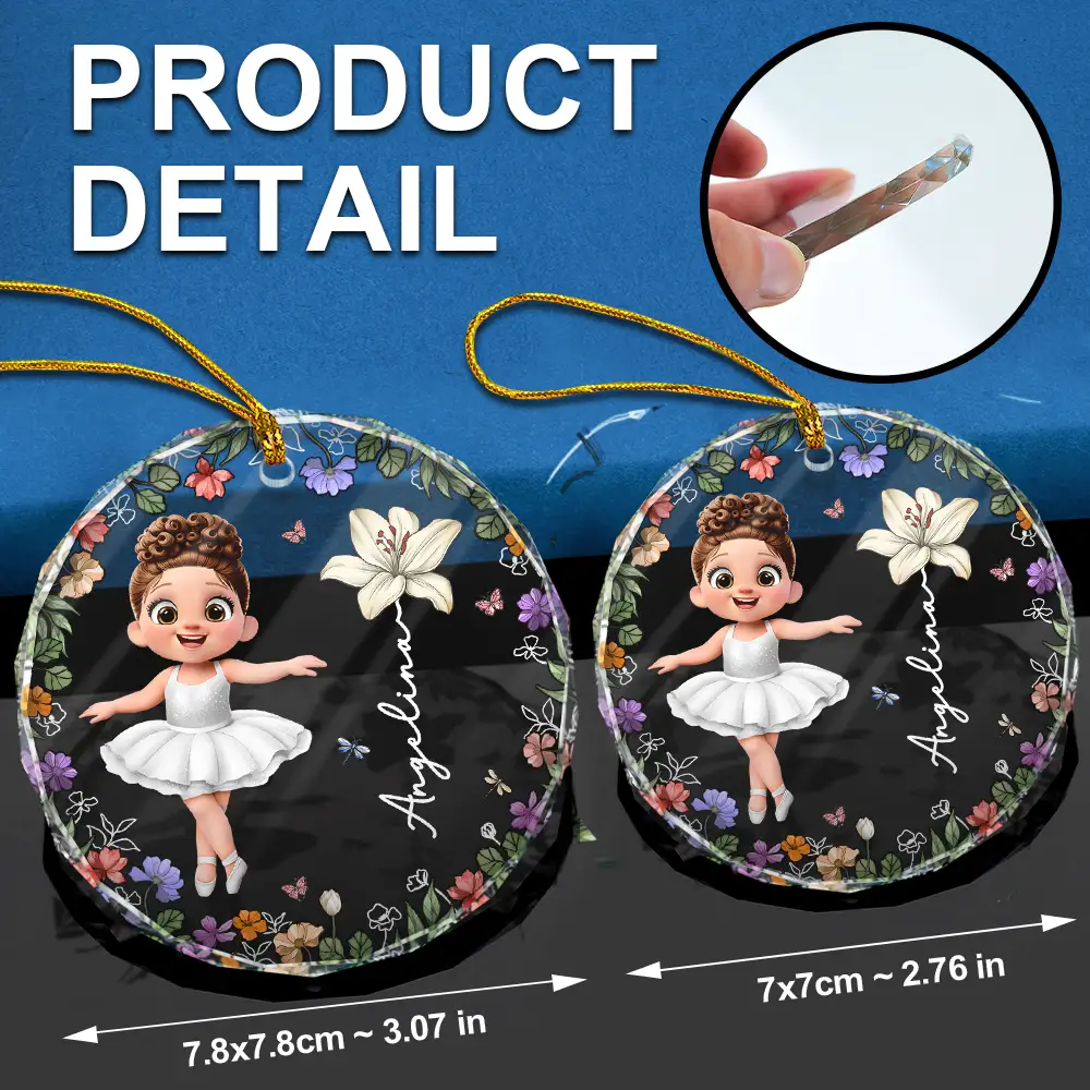 Ballet Kid Girl Birth Month Flower - Personalized Circle Glass Ornament - Image 6