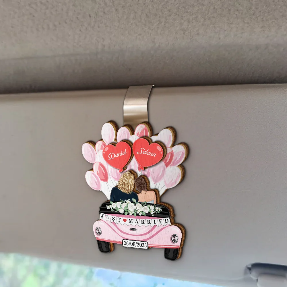 Balloon Car Just Married Couple - Personalized Custom Shaped Car Visor Clip - Image 2