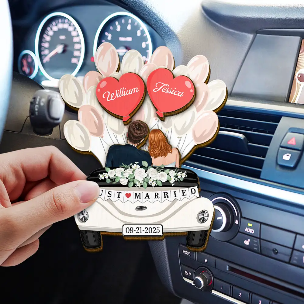 Balloon Car Just Married Couple - Personalized Custom Shaped Car Visor Clip - Image 3