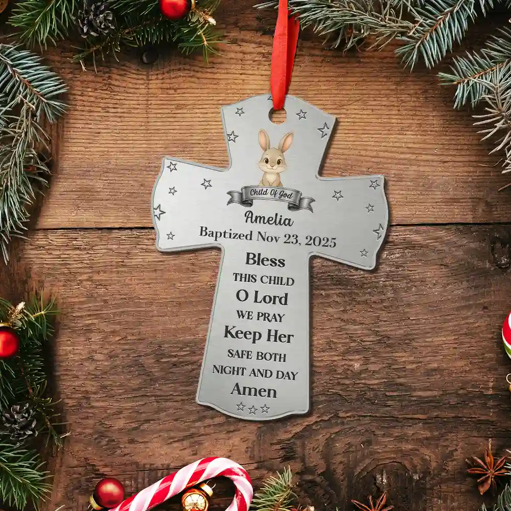 Baptism Cross Bless This Child - Personalized Metal Ornament - Image 5