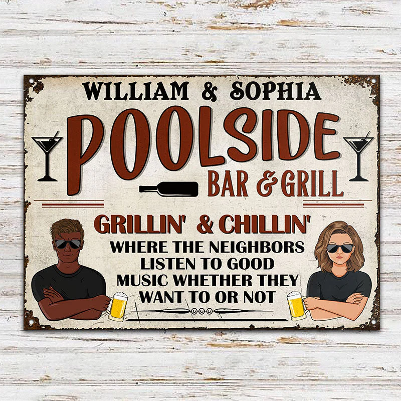 Bar & Grill Where The Neighbor - Swimming Pool Decor - Personalized Custom Classic Metal Signs - Image 2