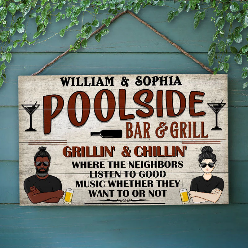 Bar & Grill Where The Neighbor - Swimming Pool Decor - Personalized Custom Wood Rectangle Sign - Image 3
