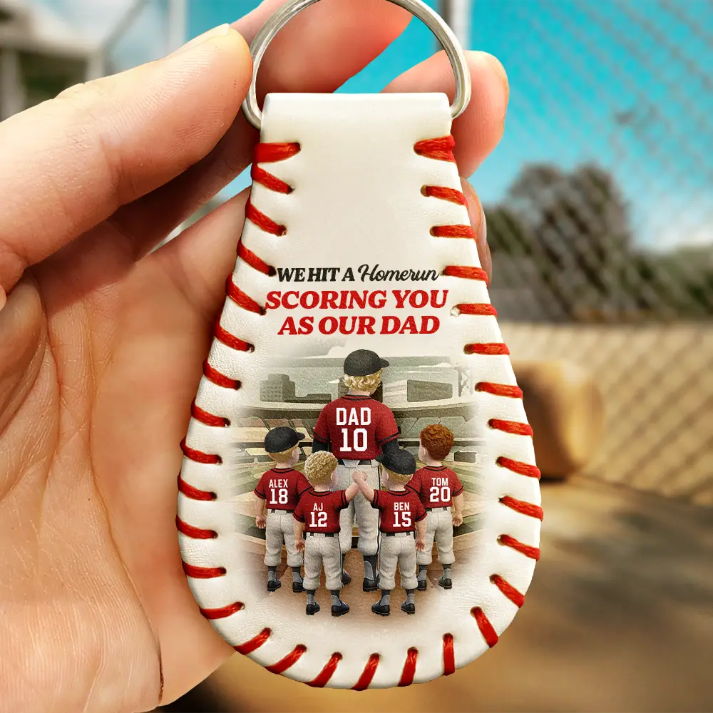 Baseball Daddy's Team I Caught The Best Dad - Personalized Leather Baseball Keychain - Image 2