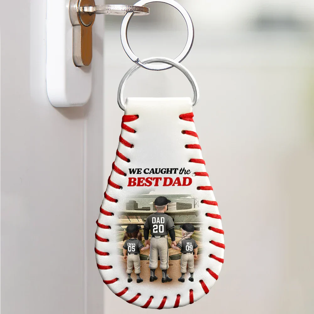 Baseball Daddy's Team I Caught The Best Dad - Personalized Leather Baseball Keychain - Image 4