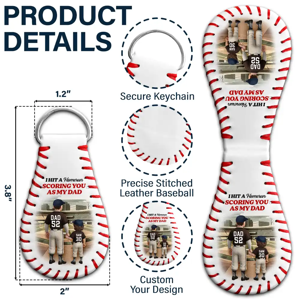 Baseball Daddy's Team I Caught The Best Dad - Personalized Leather Baseball Keychain - Image 5