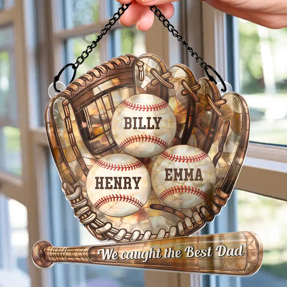 Baseball Icon We Caught The Best Mom - Personalized Window Hanging Suncatcher Ornament - Image 2