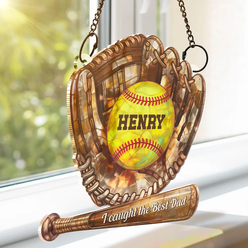 Baseball Icon We Caught The Best Mom - Personalized Window Hanging Suncatcher Ornament - Image 3
