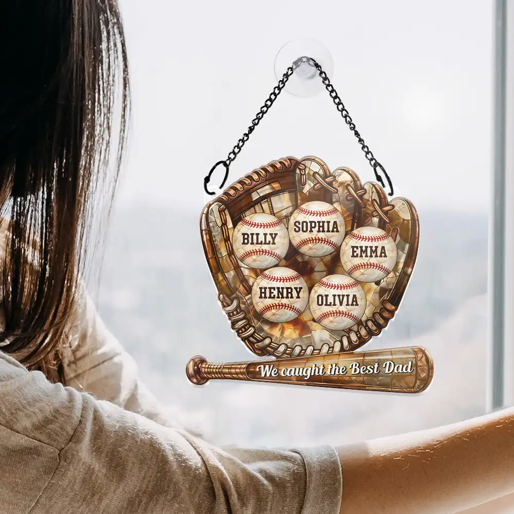 Baseball Icon We Caught The Best Mom - Personalized Window Hanging Suncatcher Ornament - Image 4