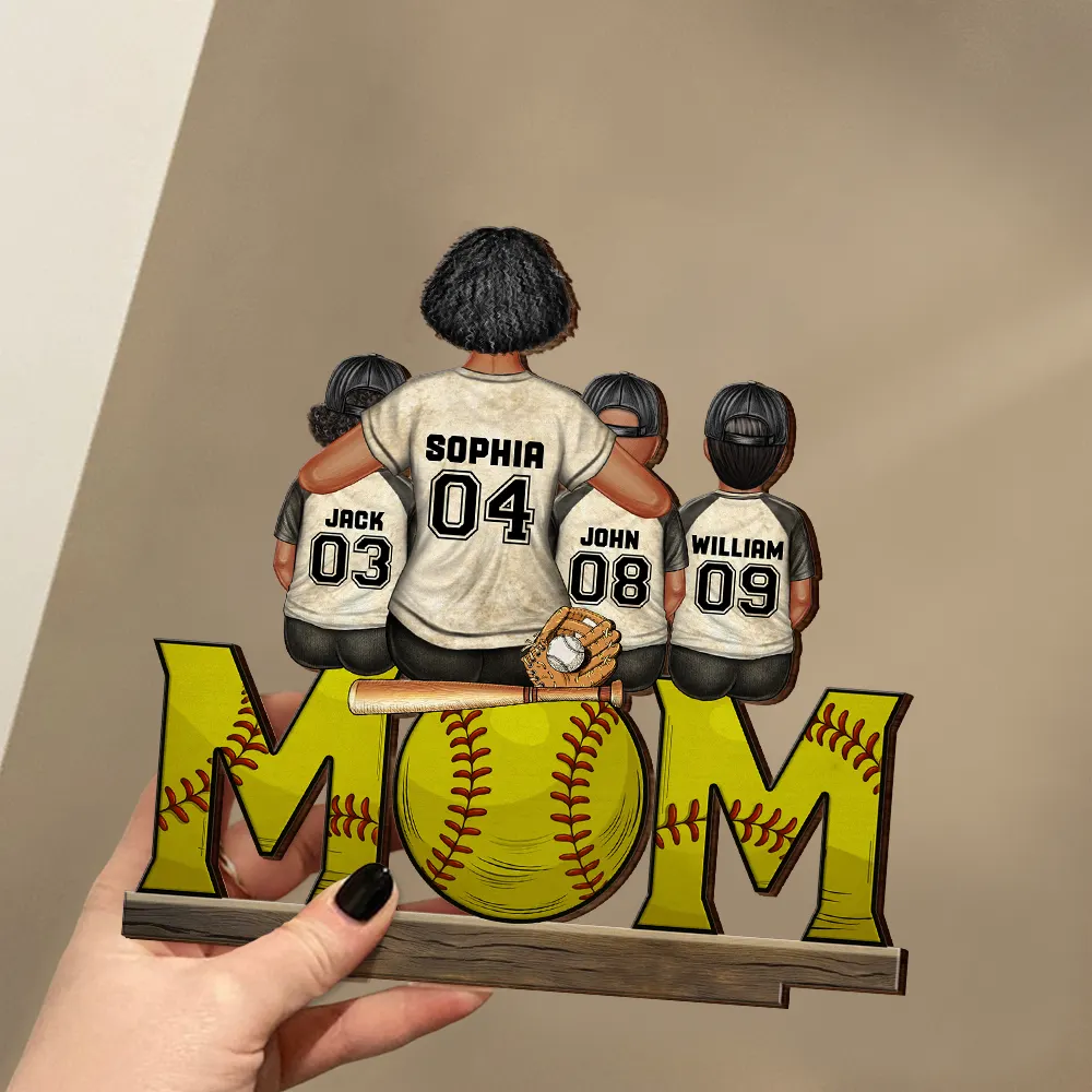 Baseball Mom And Kids - Personalized Custom Shaped 2-Layered Wooden Plaque - Image 3