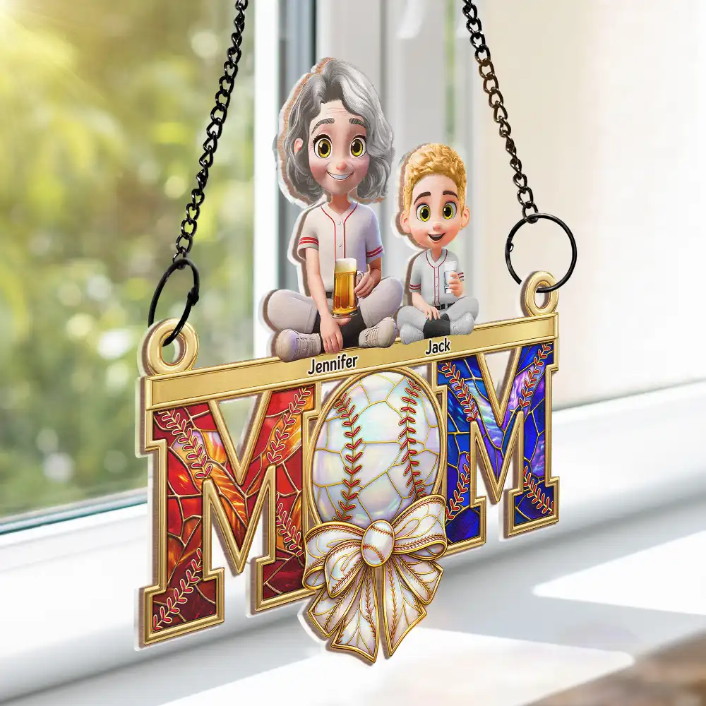 Baseball Mom & Kids Stained Glass Effect - Personalized Window Hanging Suncatcher Ornament - Image 4