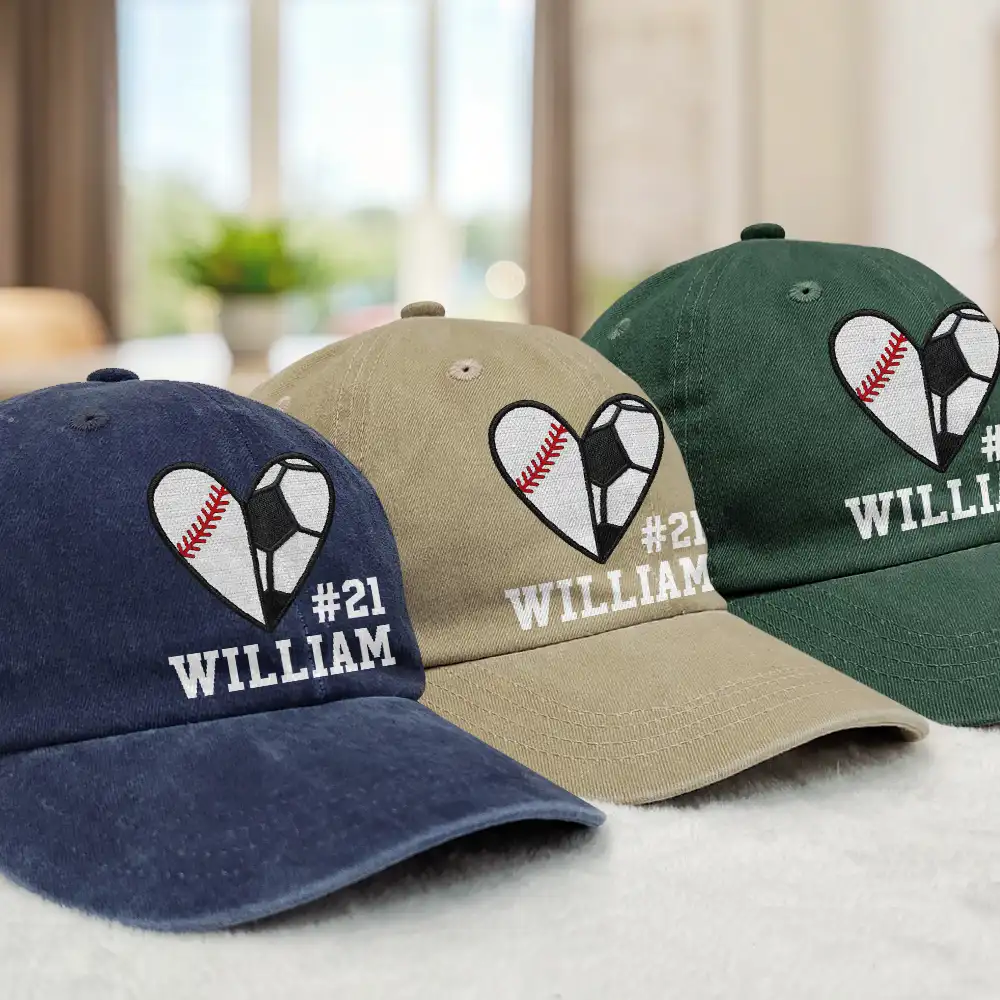 Baseball Softball Basketball Heart Sports - Personalized Vintage Washed Denim Cap - Image 3
