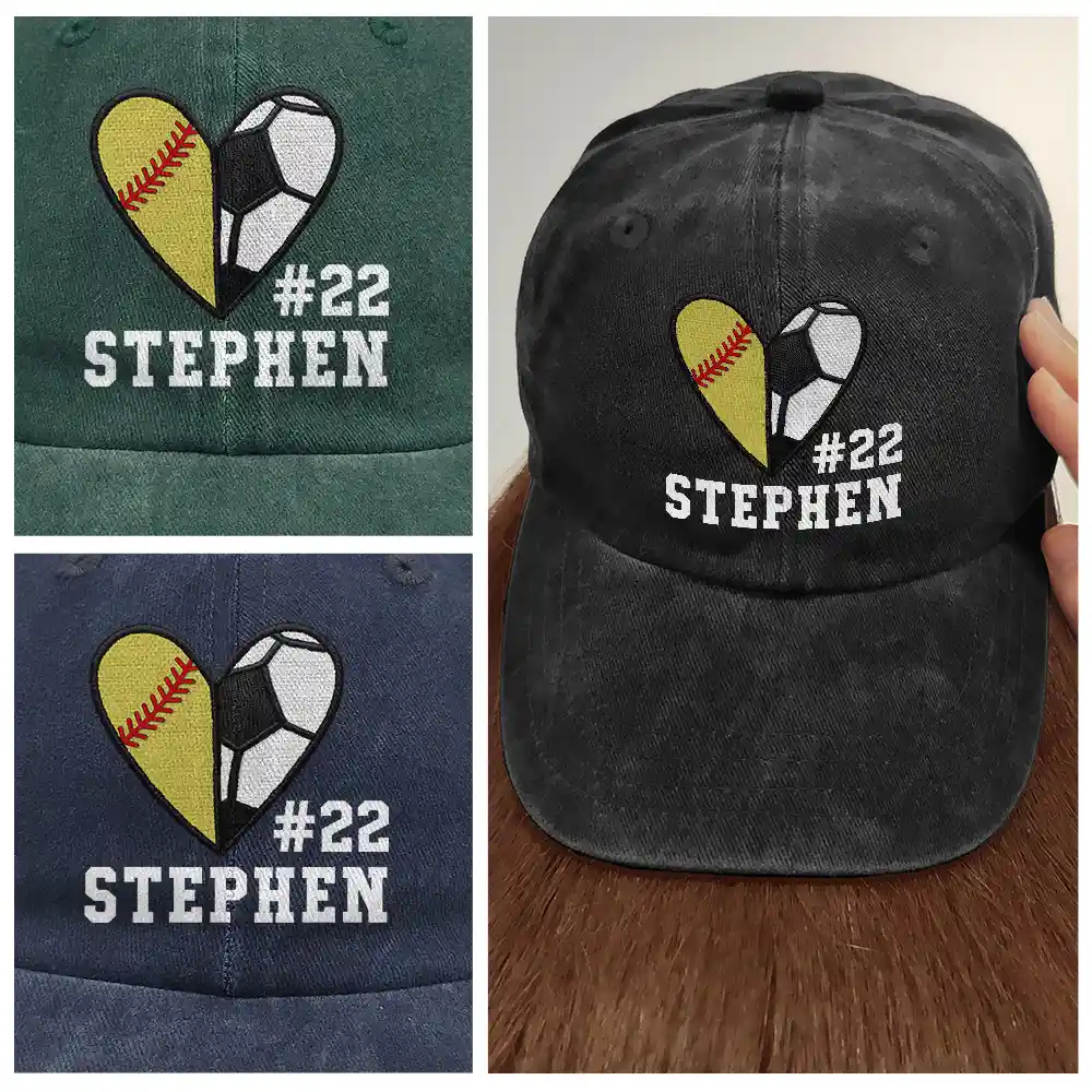 Baseball Softball Basketball Heart Sports - Personalized Vintage Washed Denim Cap - Image 4