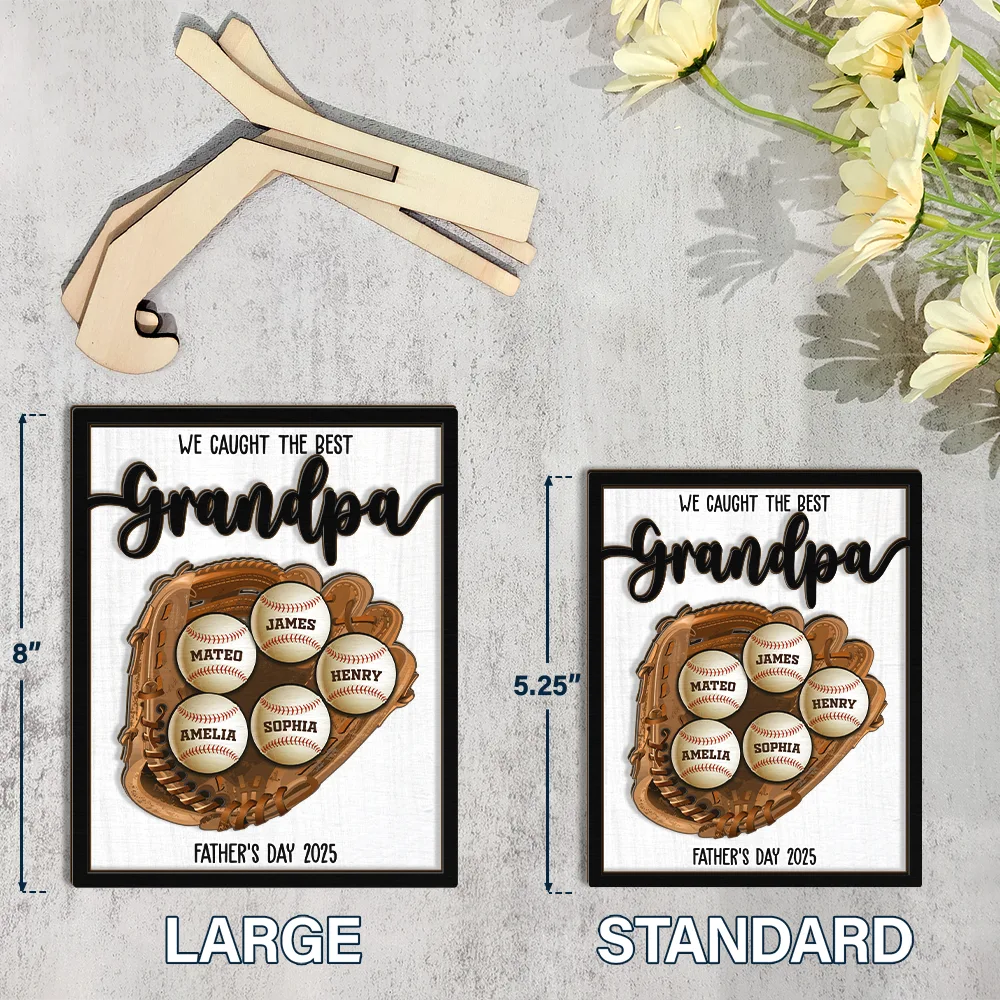 Baseball We Caught The Best Dad Mom Grandpa Grandma - Personalized 2-Layered Wooden Plaque With Stand - Image 4