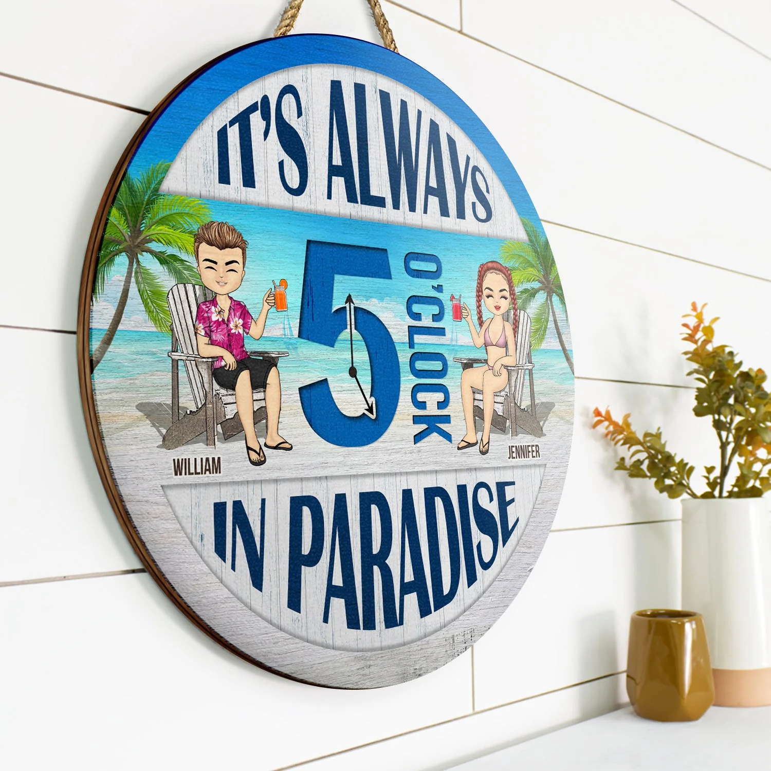 Beach Always 5 O'Clock In Paradise - Gift For Couples - Personalized Custom Wood Circle Sign - Image 2