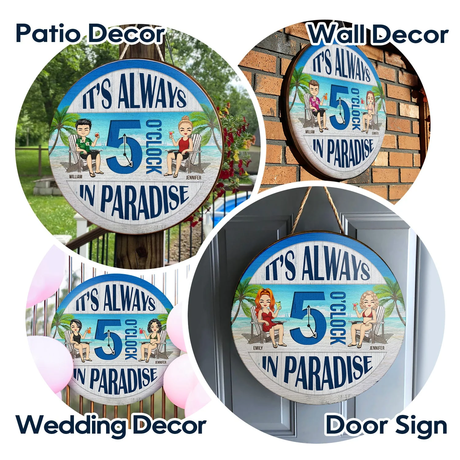Beach Always 5 O'Clock In Paradise - Gift For Couples - Personalized Custom Wood Circle Sign - Image 4