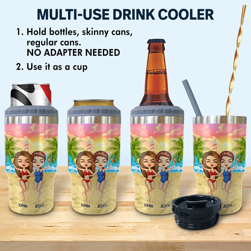 Beach Best Friends Beaches Booze Besties - Gift For BFF - Personalized Custom Triple 3 In 1 Can Cooler - Image 2