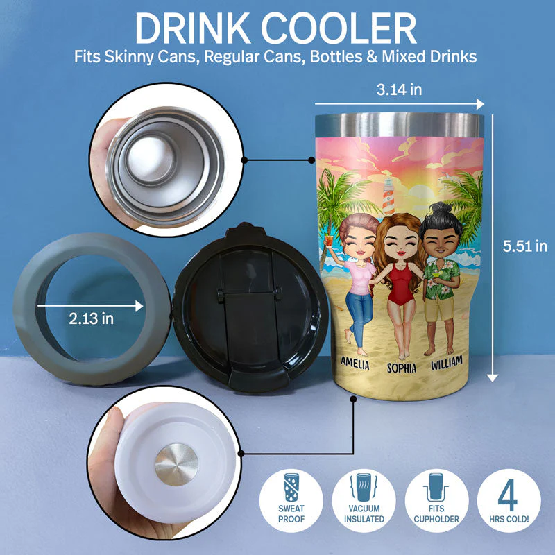 Beach Best Friends Beaches Booze Besties - Gift For BFF - Personalized Custom Triple 3 In 1 Can Cooler - Image 4