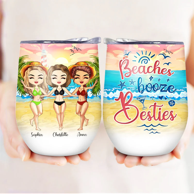 Beach Best Friends Beaches Booze Besties - Gift For BFF - Personalized Custom Wine Tumbler - Image 3