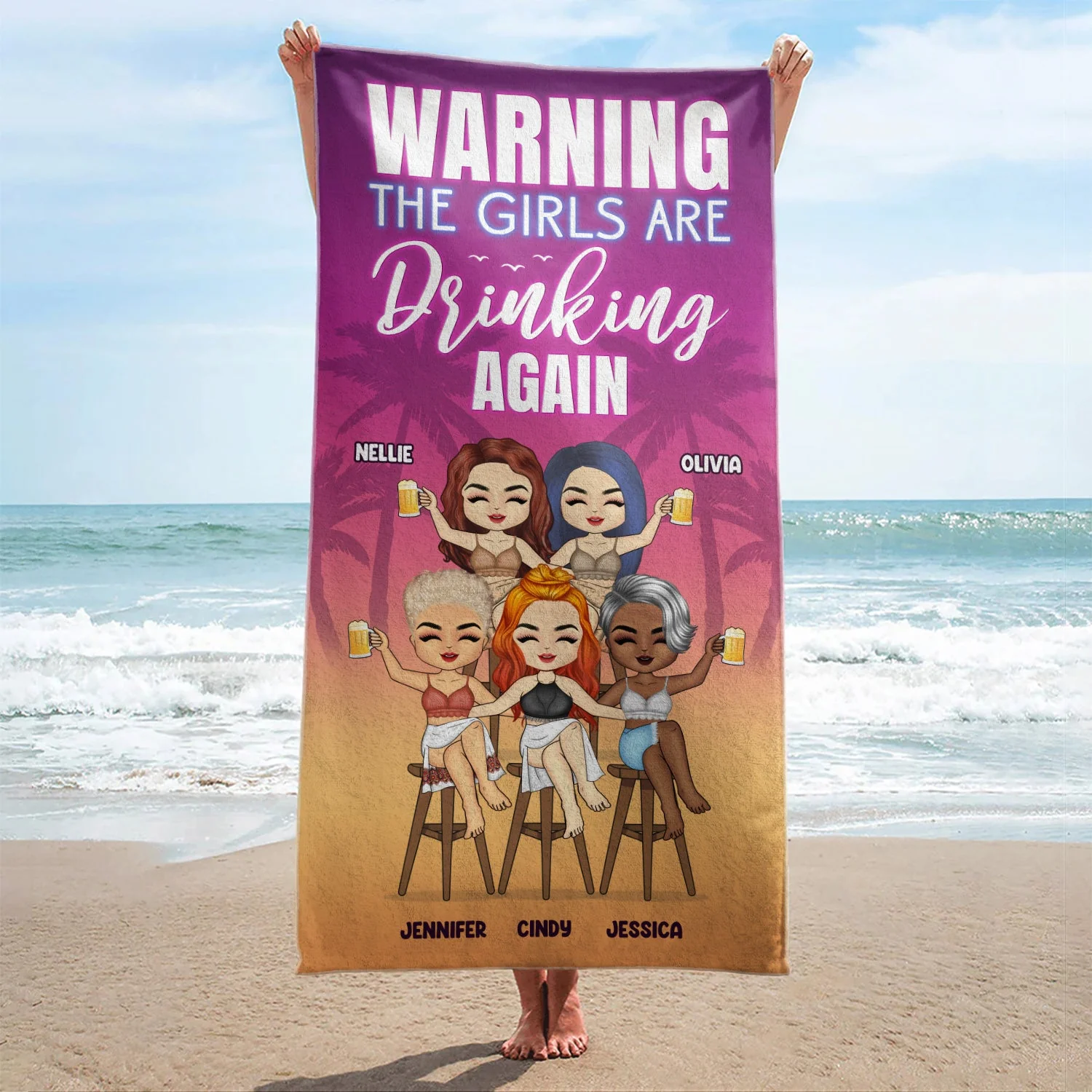 Beach Bestie Warning The Girls Are Drinking Again - Gift For Besties - Personalized Custom Beach Towel - Image 2
