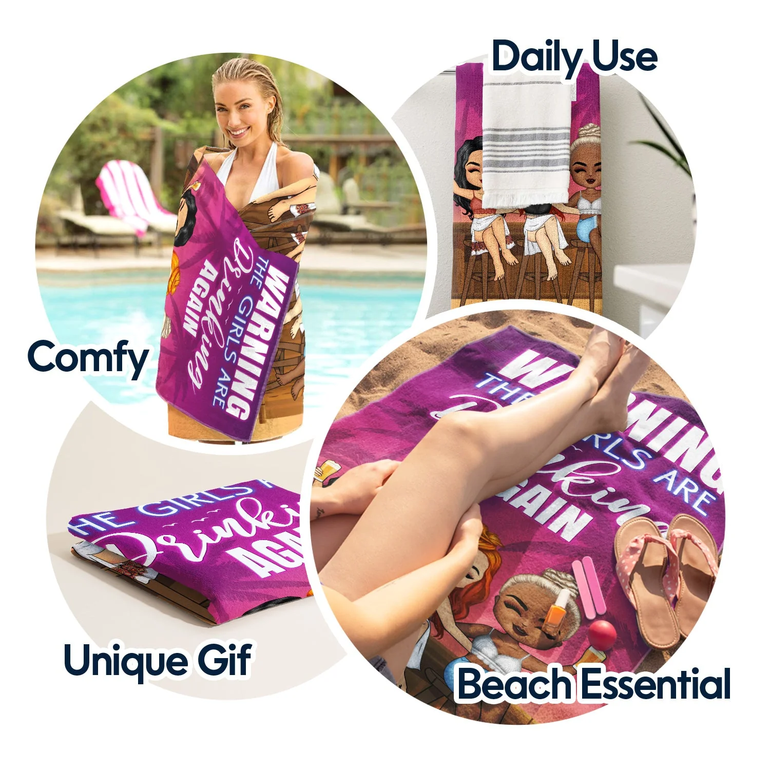 Beach Bestie Warning The Girls Are Drinking Again - Gift For Besties - Personalized Custom Beach Towel - Image 5