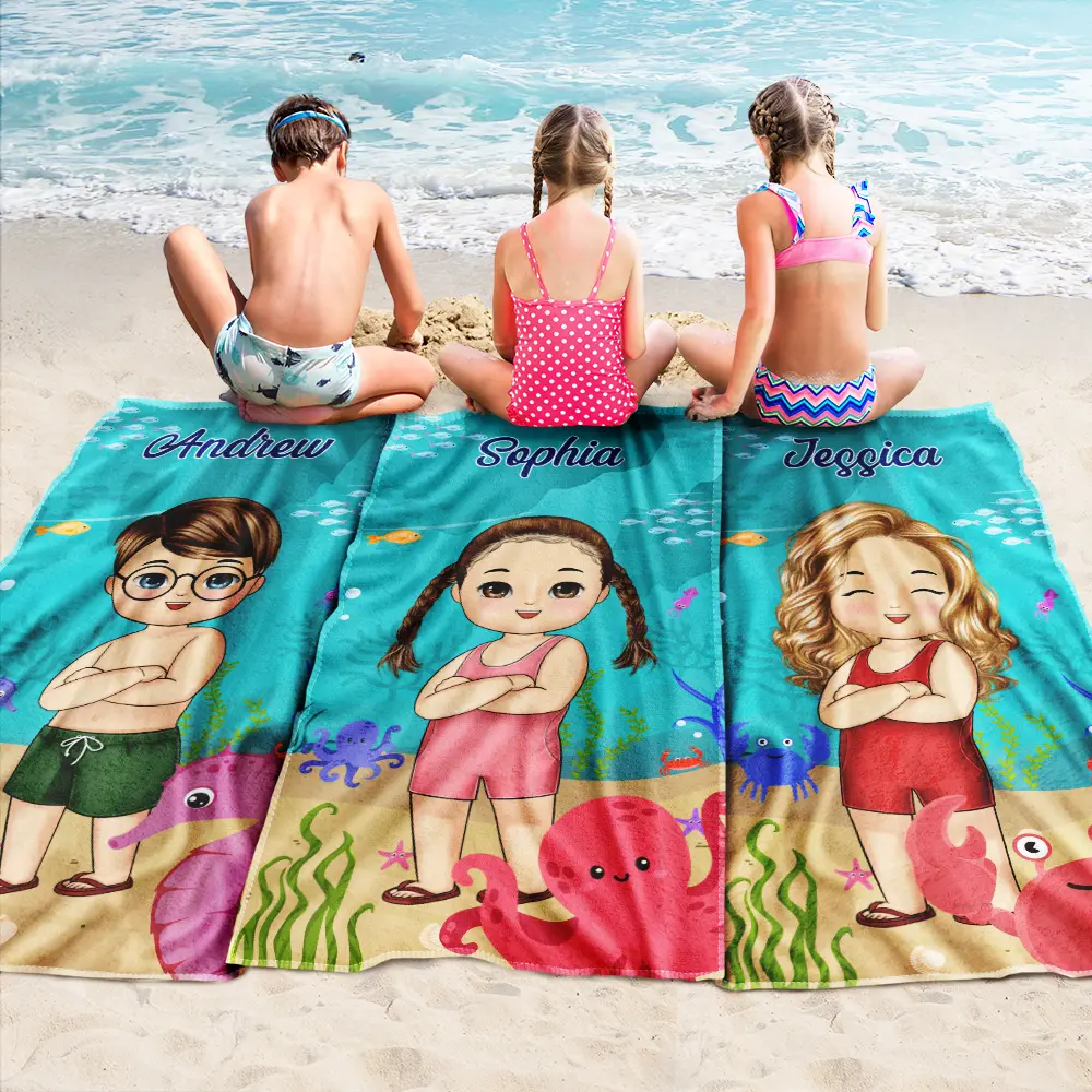 Beach Cartoon Kid - Personalized Beach Towel - Image 2