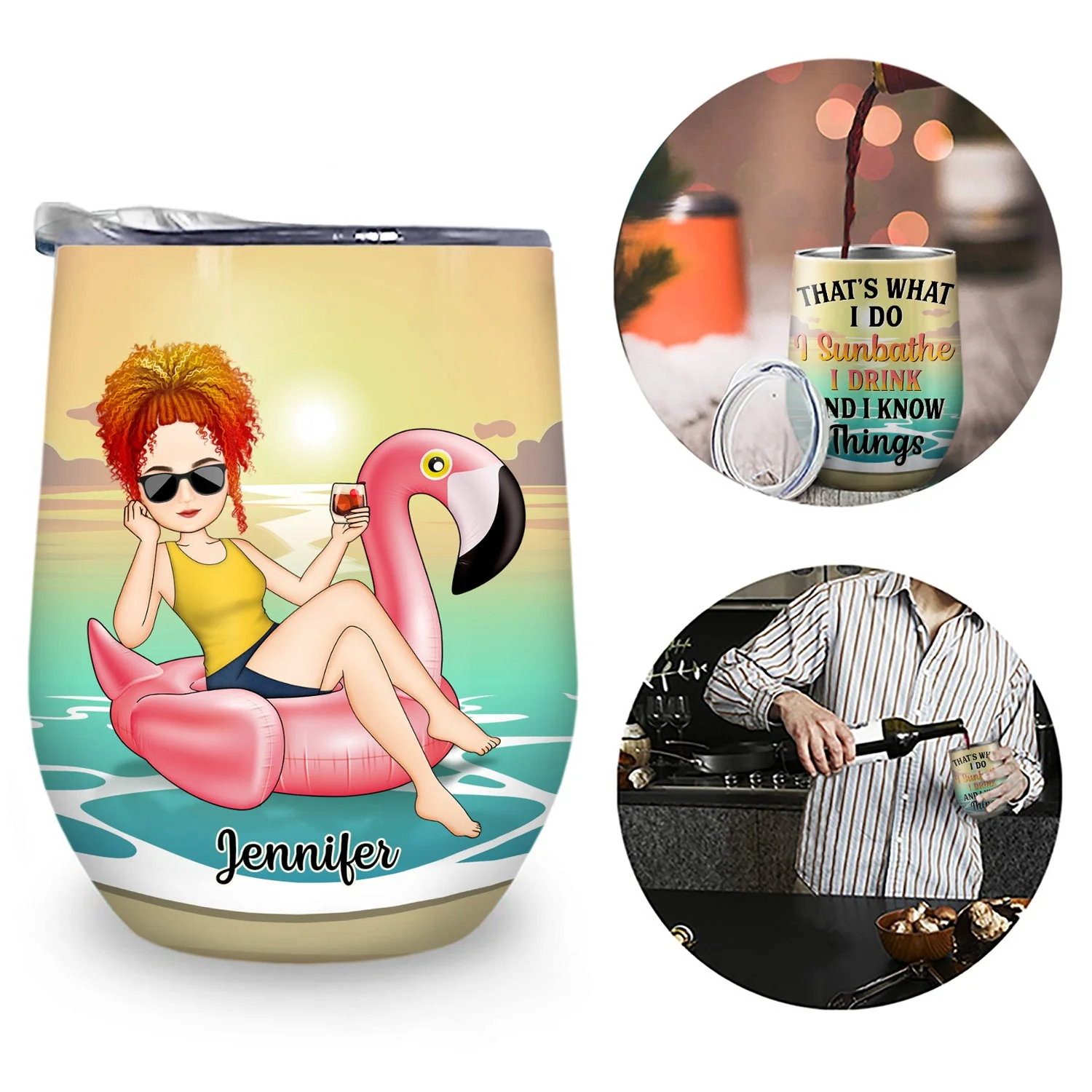 Beach Flamingo I Sunbathe I Drink & I Know Things - Gift For Yourself, Beach Lovers - Personalized Custom Wine Tumbler - Image 2