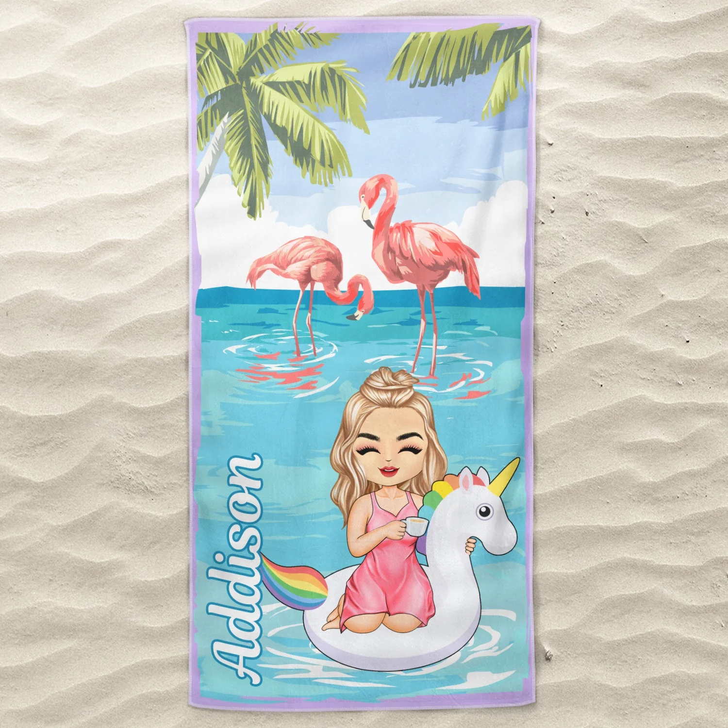 Beach Girl Pool Girl Flamingo Unicorn - Birthday, Anniversary, Travel, Vacation Gift For Woman - Personalized Beach Towel - Image 3