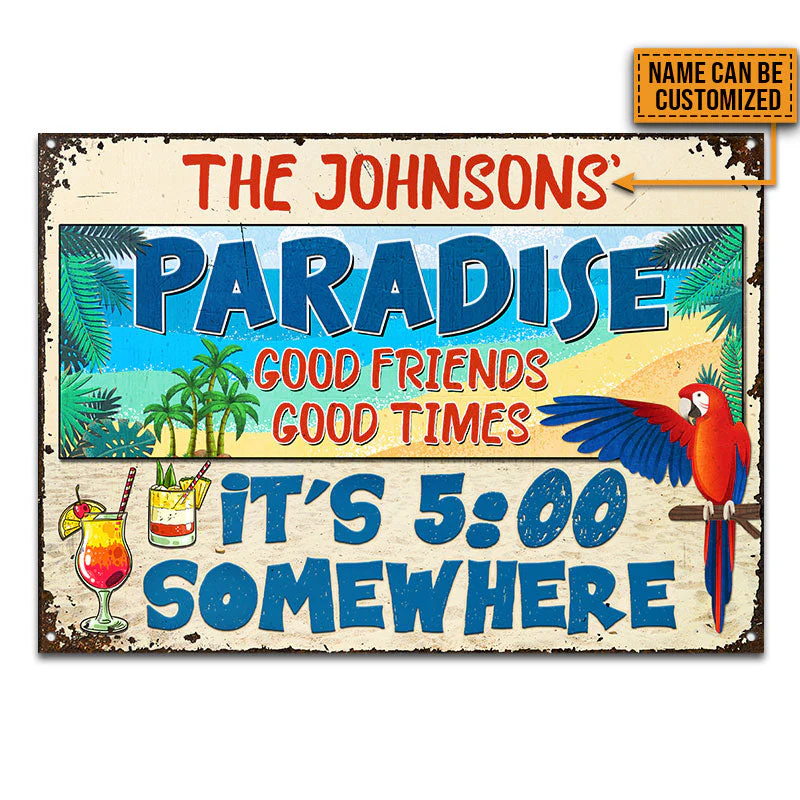 Beach Parrot Paradise It's 5 O'Clock Somewhere, Beach House, Outdoor Bar Decor, Custom Classic Metal Signs - Image 3