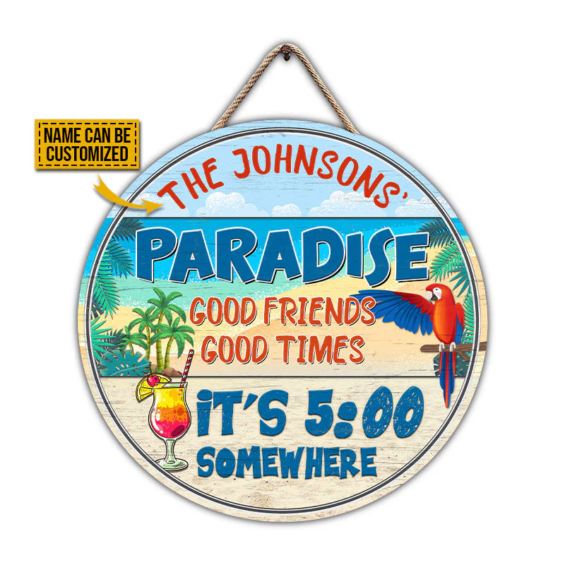 Beach Parrot Paradise It's 5 O'Clock Somewhere, Beach House, Outdoor Bar Decor, Custom Wood Circle Sign - Image 4