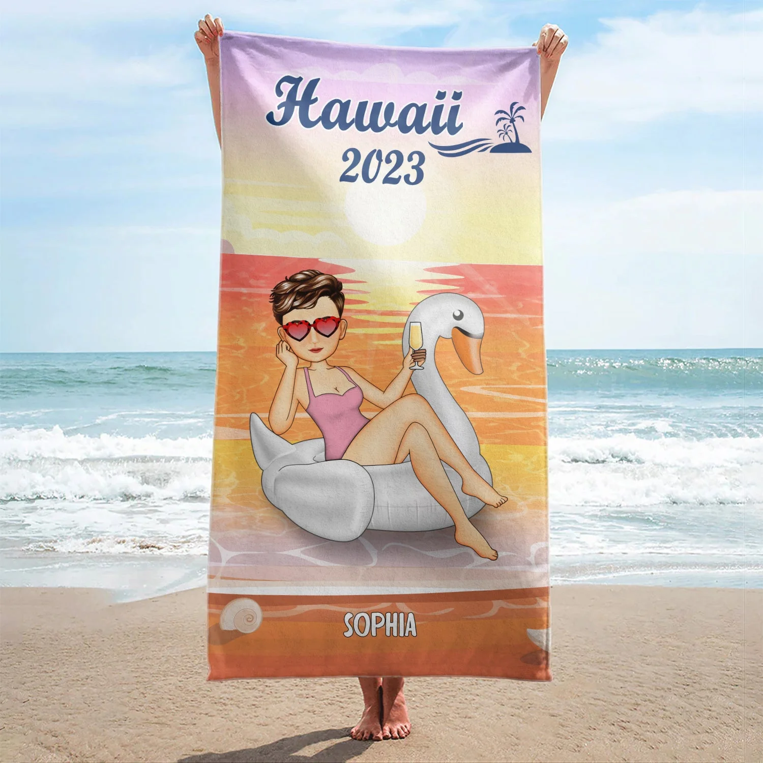 Beach Pool Flamingo Girl - Gift For Women, Gift For Yourself - Personalized Custom Beach Towel - Image 2