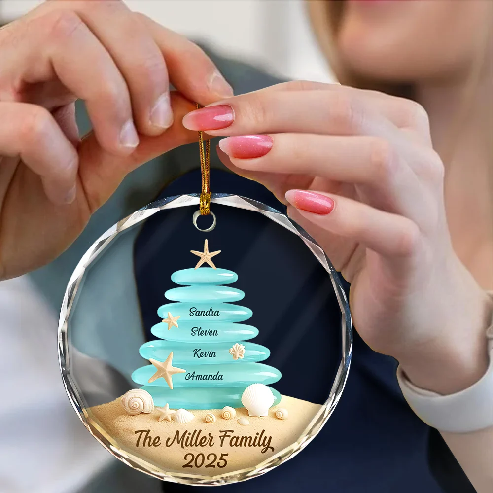 Beach Stones Family Christmas - Personalized Circle Glass Ornament - Image 4