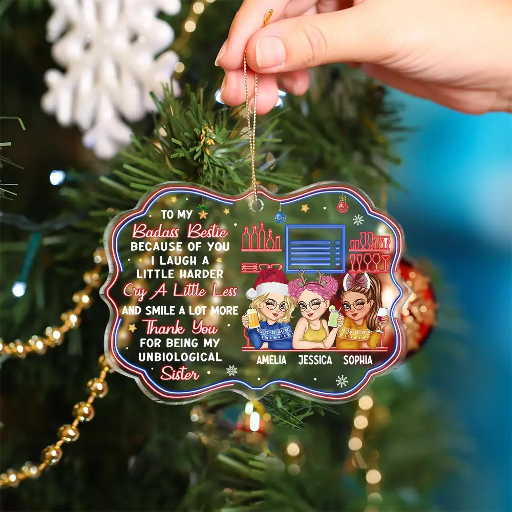 Because Of You I Laugh A Little Harder Christmas Best Friends - Personalized Medallion Acrylic Ornament - Image 4