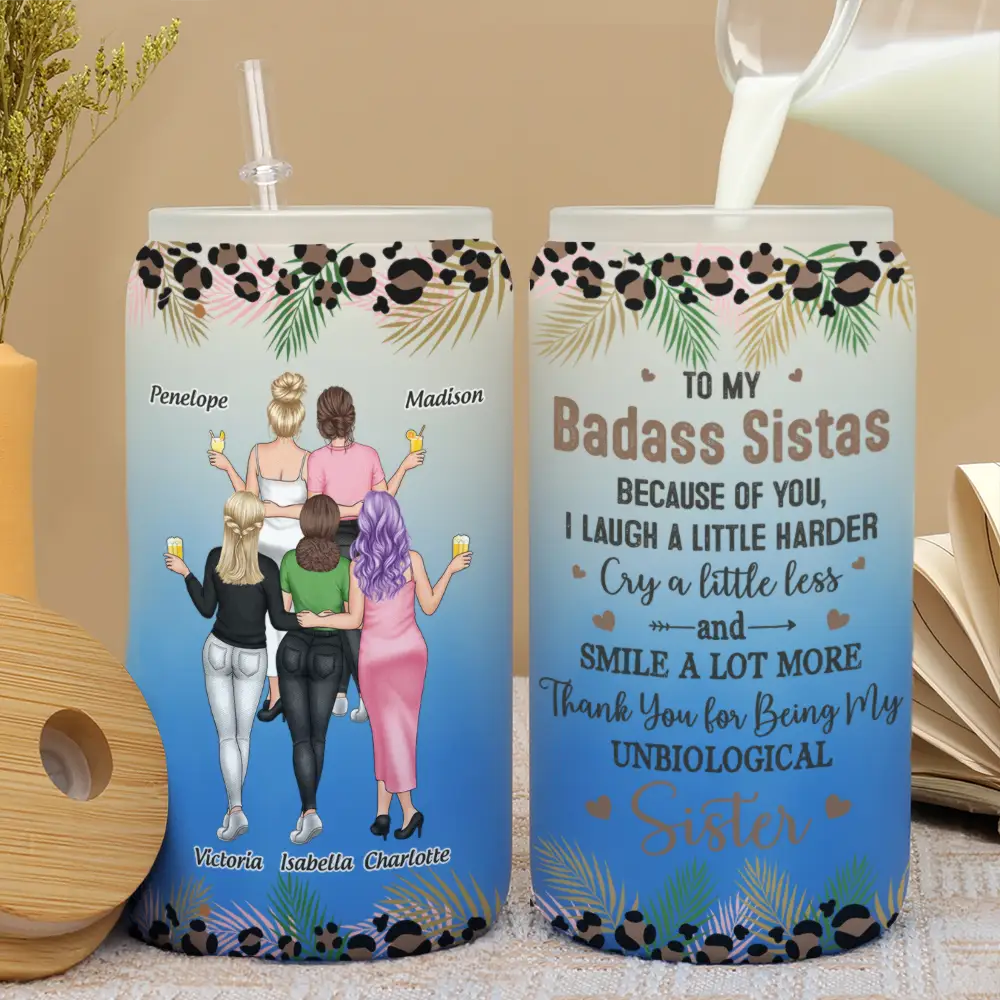Because Of You I Laugh A Little Harder Friendship - Personalized Ombre Frosted Glass Can - Image 3