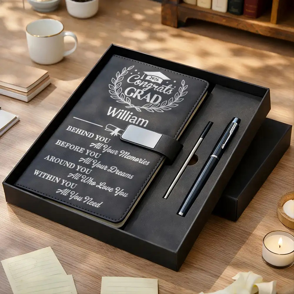 Behind You All Memories Congrats Grad - Personalized Leather Notebook Set - Image 2