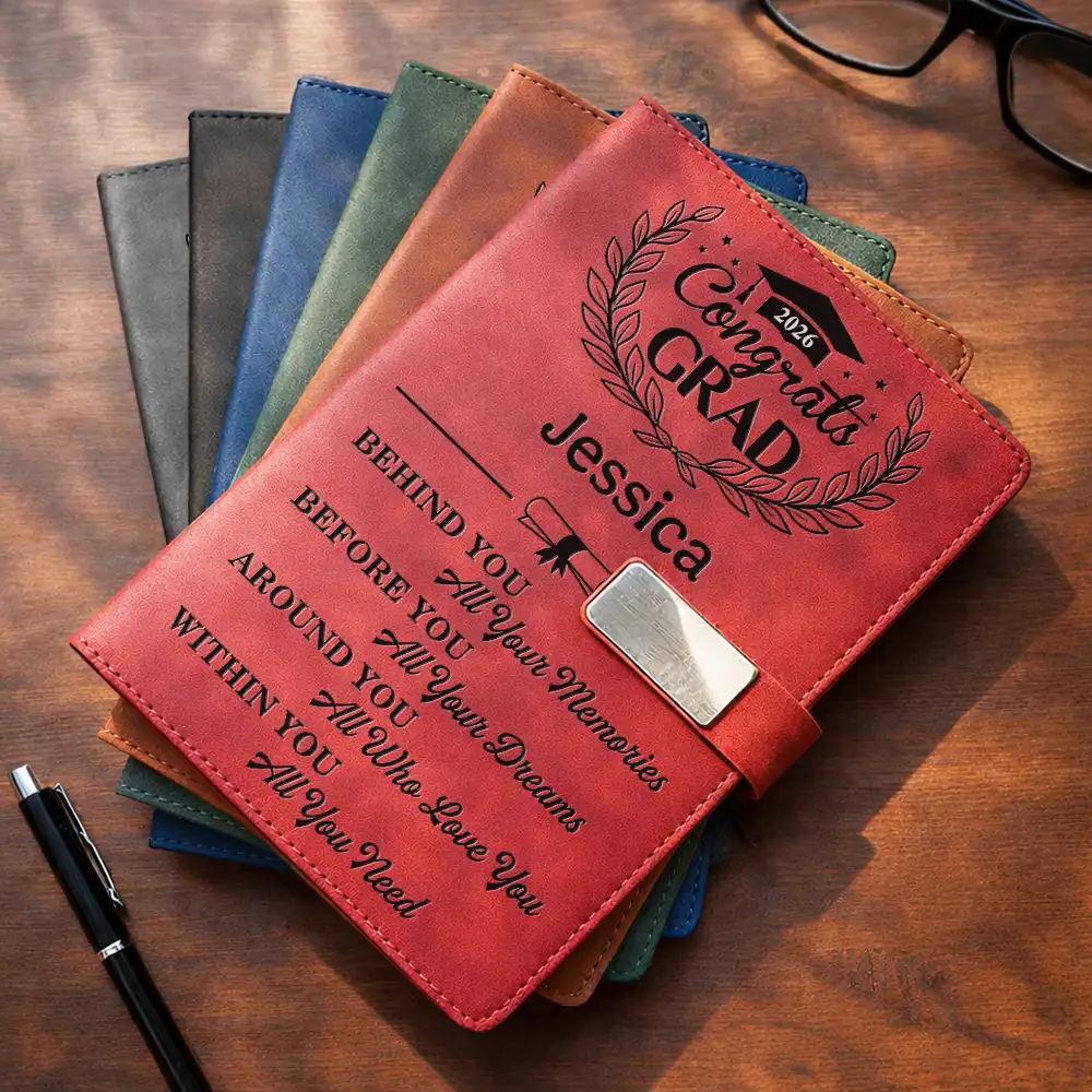 Behind You All Memories Congrats Grad - Personalized Leather Notebook Set - Image 3