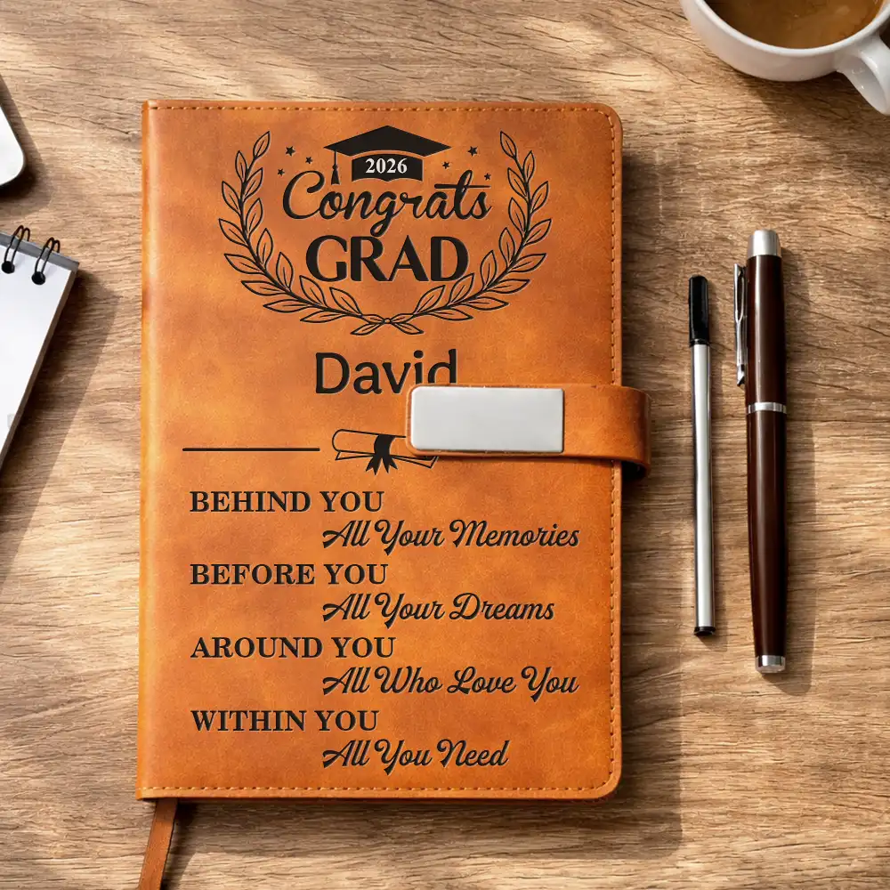 Behind You All Memories Congrats Grad - Personalized Leather Notebook Set - Image 4