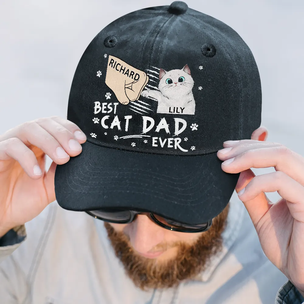Best Cat Dad Ever - Personalized Vintage Washed Denim Cap - Image 2