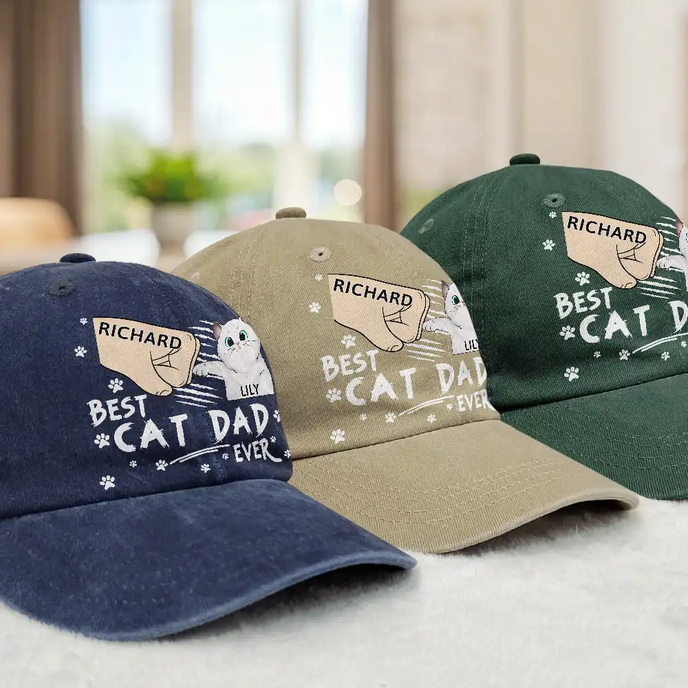 Best Cat Dad Ever - Personalized Vintage Washed Denim Cap - Image 3
