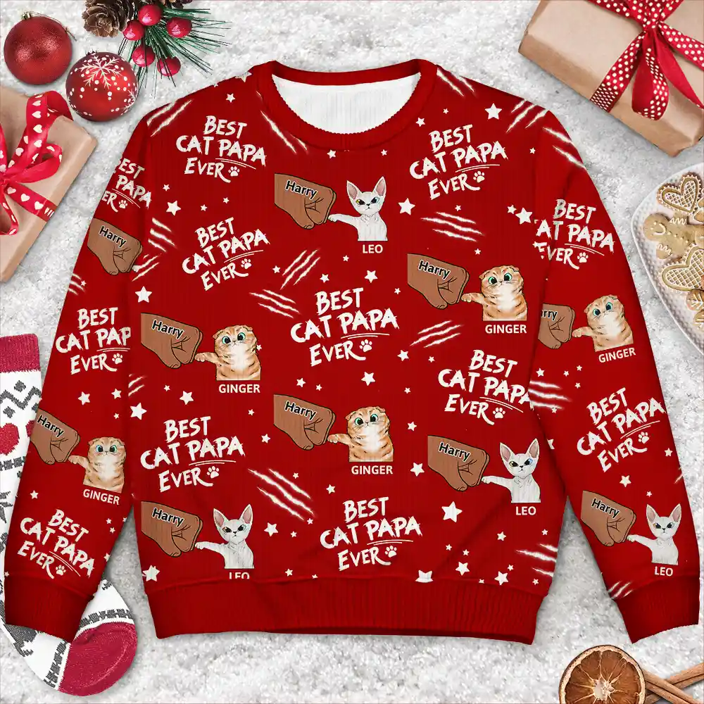 Best Cat Dad Mom Mum Ever - Personalized Unisex Ugly Sweater - Image 3