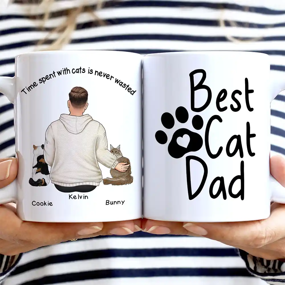 Best Cat Dad Time Spent With Cats Is Never Wasted - Personalized White Edge-to-Edge Mug - Image 2