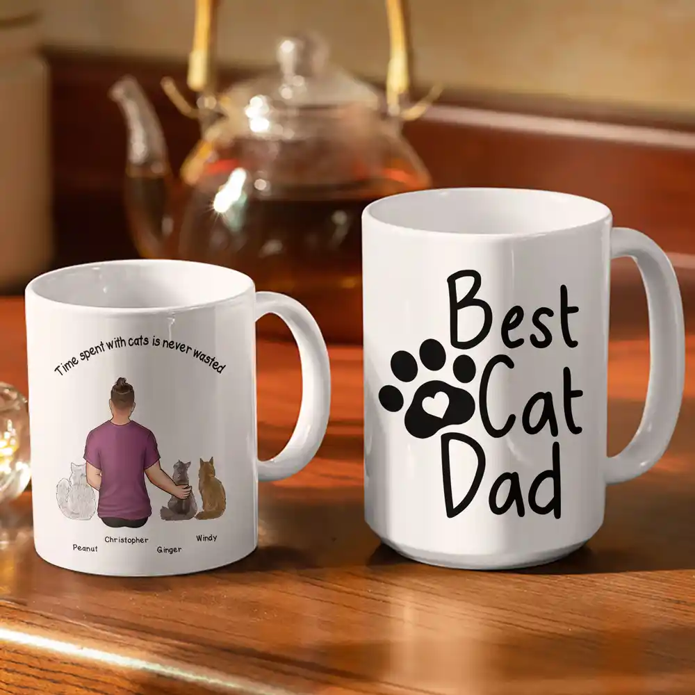 Best Cat Dad Time Spent With Cats Is Never Wasted - Personalized White Edge-to-Edge Mug - Image 3