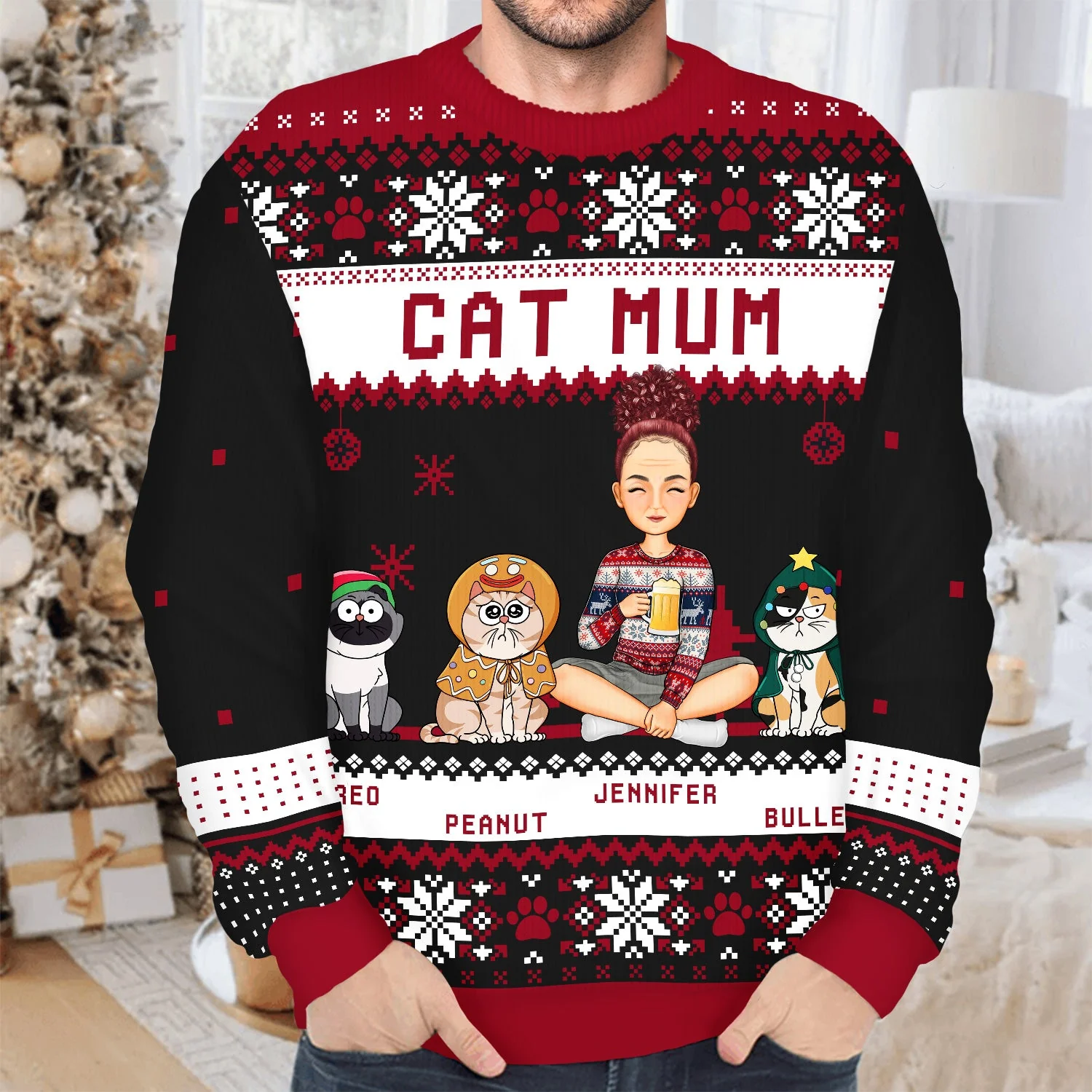 Best Cat Mom Ever Cartoon Style - Christmas Gift For Cat Lovers - Personalized Unisex Ugly Sweater - Image 4