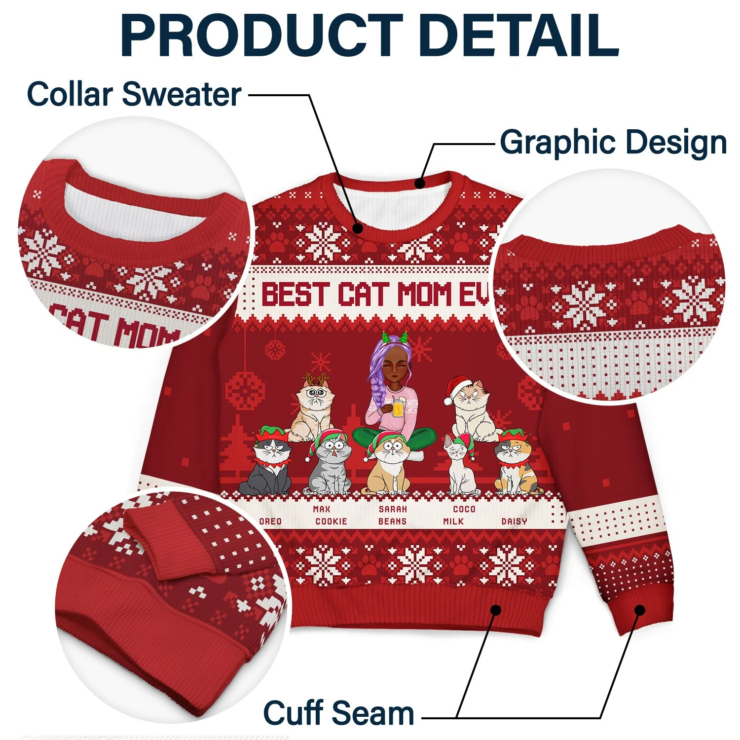 Best Cat Mom Ever Cartoon Style - Christmas Gift For Cat Lovers - Personalized Unisex Ugly Sweater - Image 6