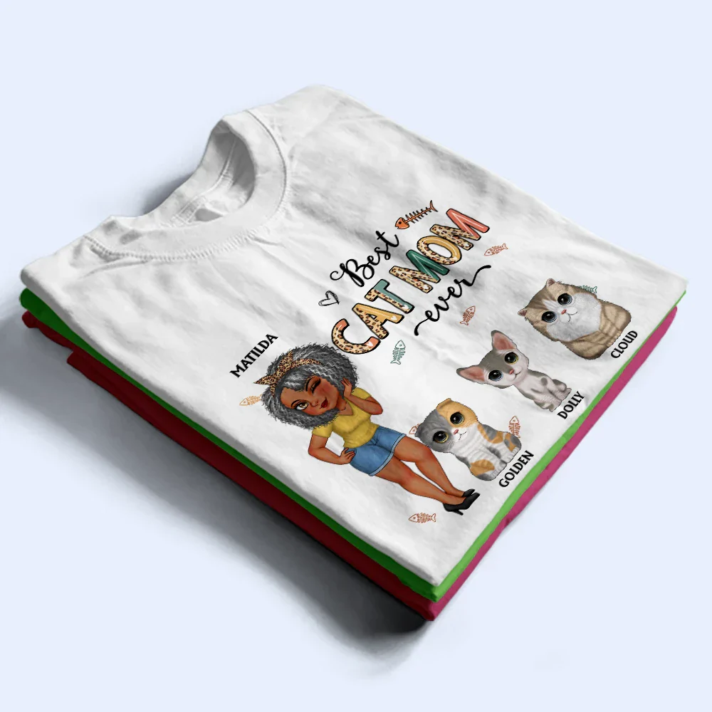 Best Cat Mom Ever Cartoon Woman - Personalized T Shirt - Image 2