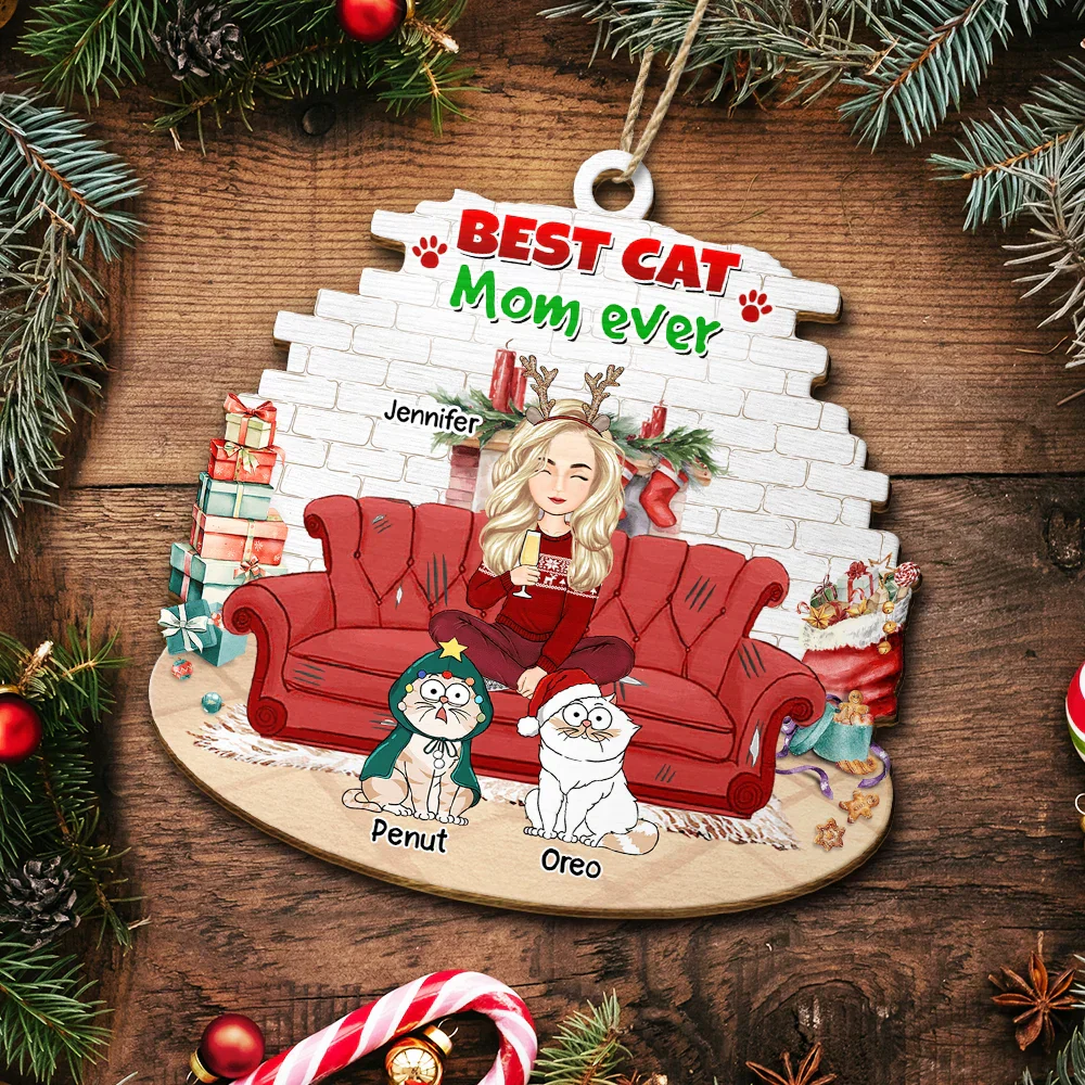 Best Cat Mom Ever Christmas - Personalized Custom Shaped Wooden Ornament - Image 5
