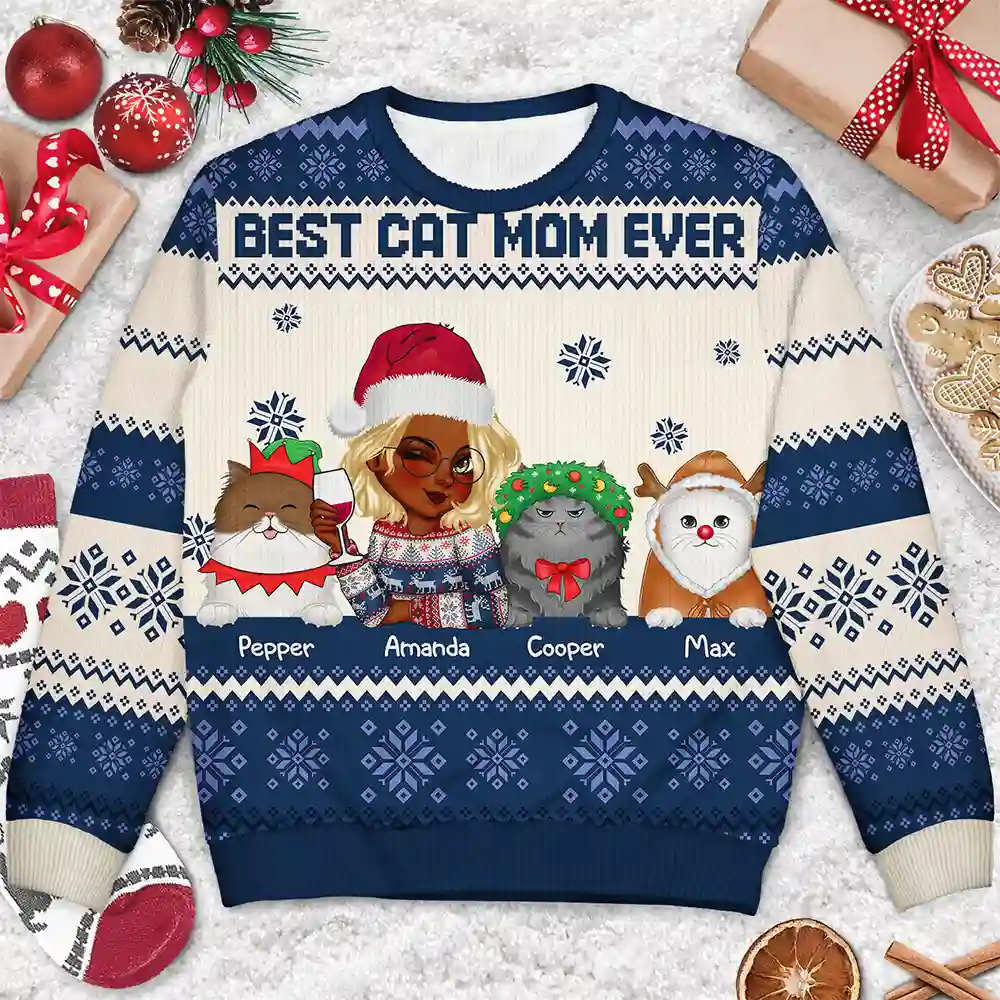 Best Cat Mom Ever Christmas - Personalized Unisex Ugly Sweater - Image 3