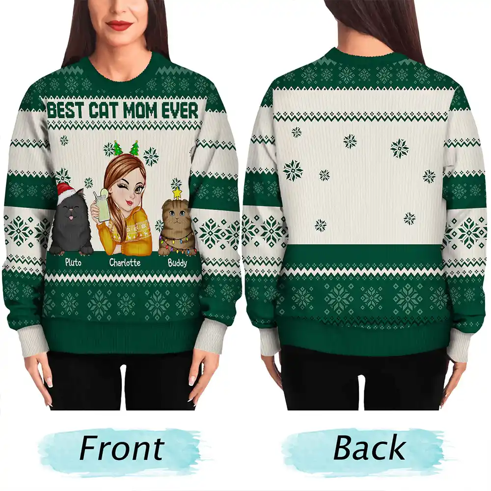 Best Cat Mom Ever Christmas - Personalized Unisex Ugly Sweater - Image 5
