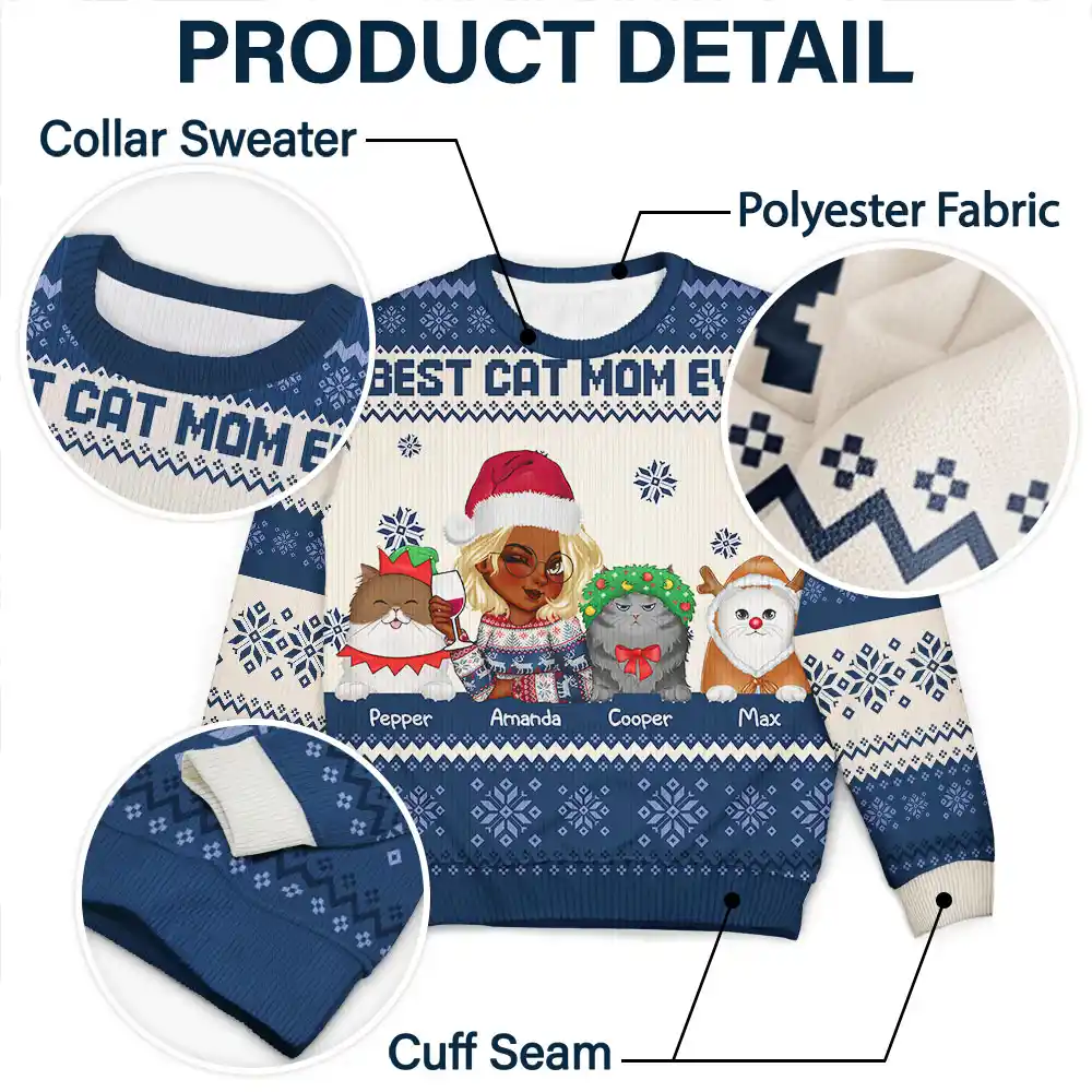 Best Cat Mom Ever Christmas - Personalized Unisex Ugly Sweater - Image 6